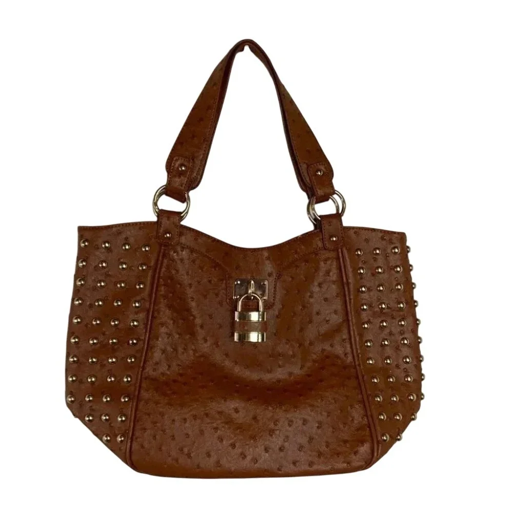 Expressions NYC Tote Bag Large Brown Ostrich Embossed Studded Padlock Accent